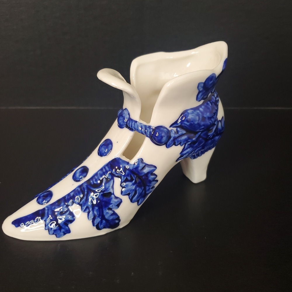 Vintage Victorian Shoe Delft Style Ceramic Planter Boot Décor Blue Bird On White